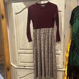 Retro Chic Burgundy and Tan Midi Dress